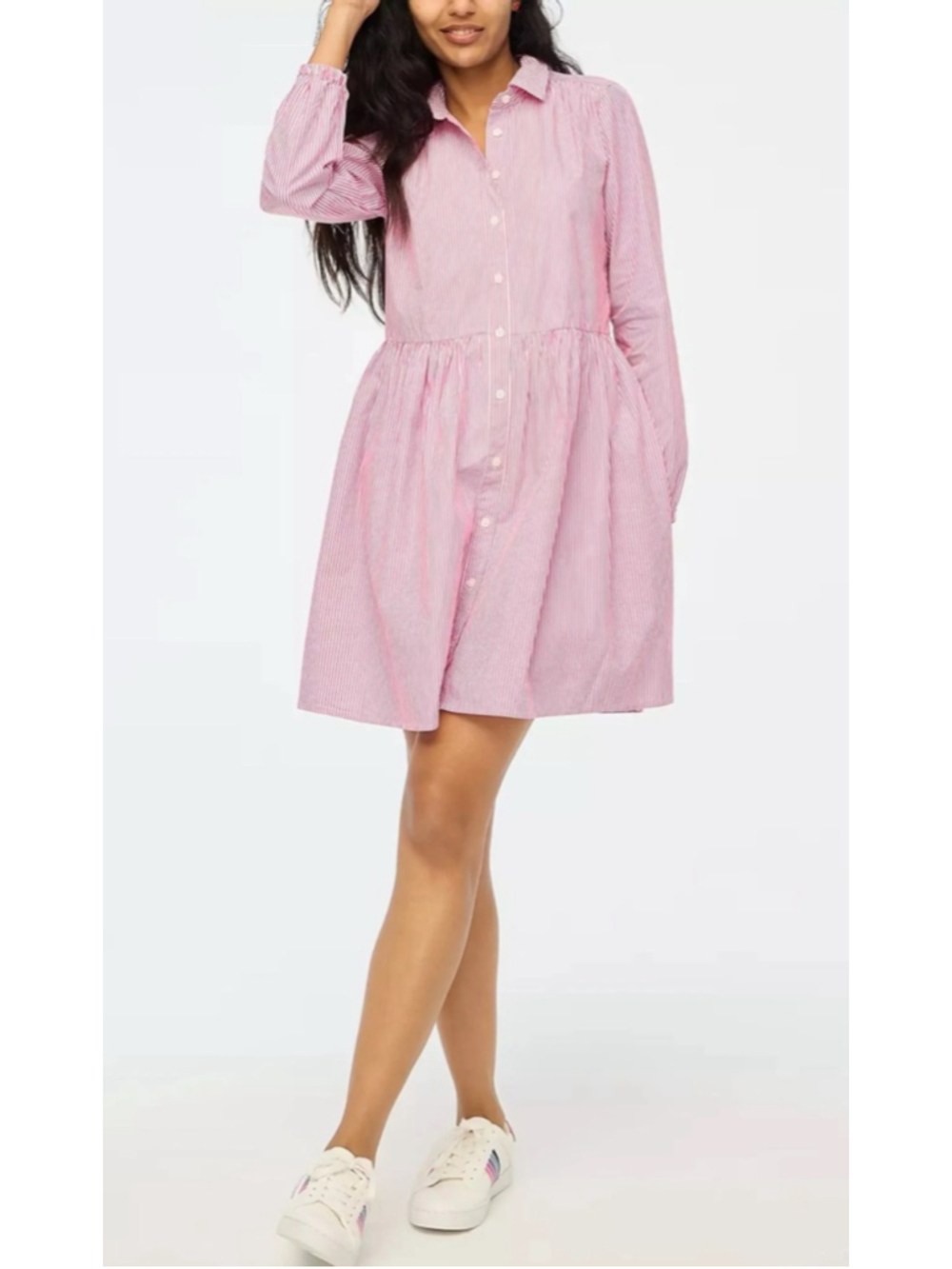 J.CREW Pink White Stripe Shirtdress Long Puff Sleeve Mini Women's Size 2